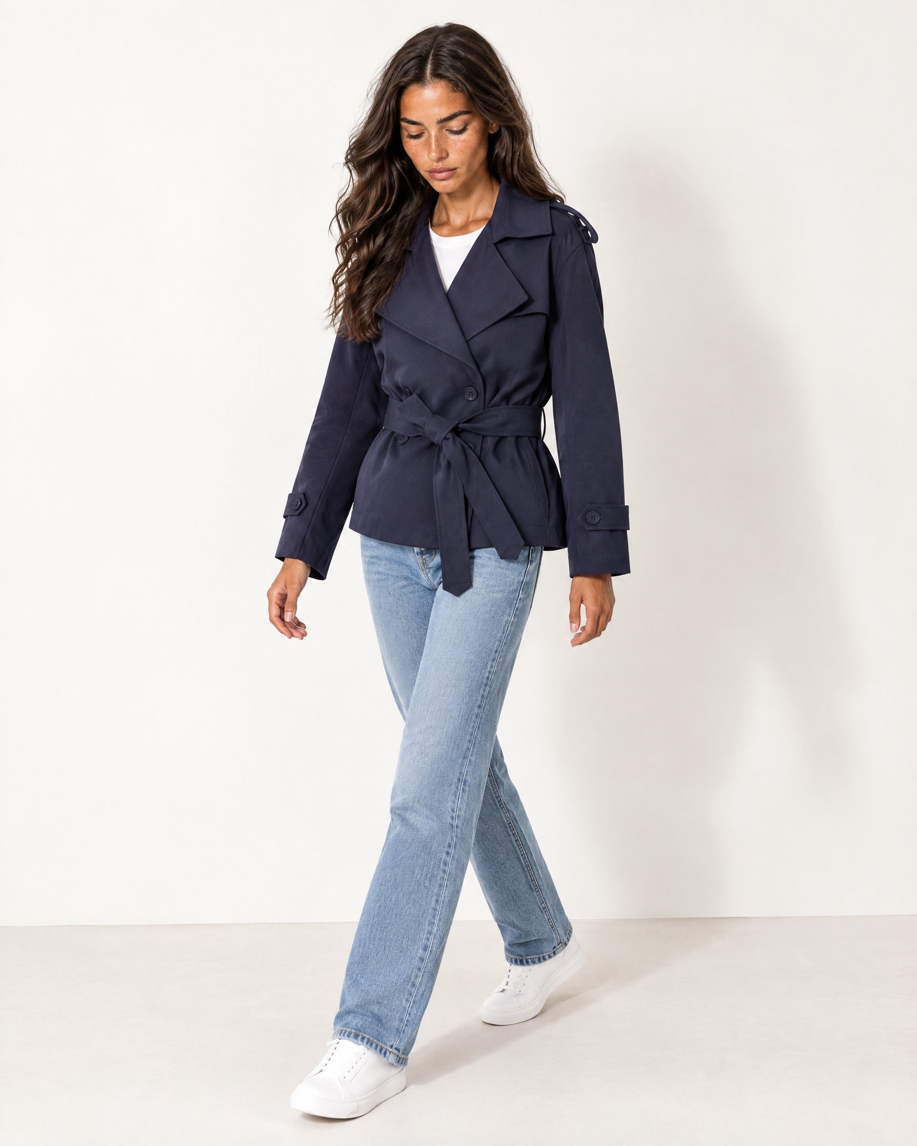 Navy Short Trench Coat Belted Double Breasted