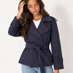 Navy Short Trench Coat Belted Double Breasted
