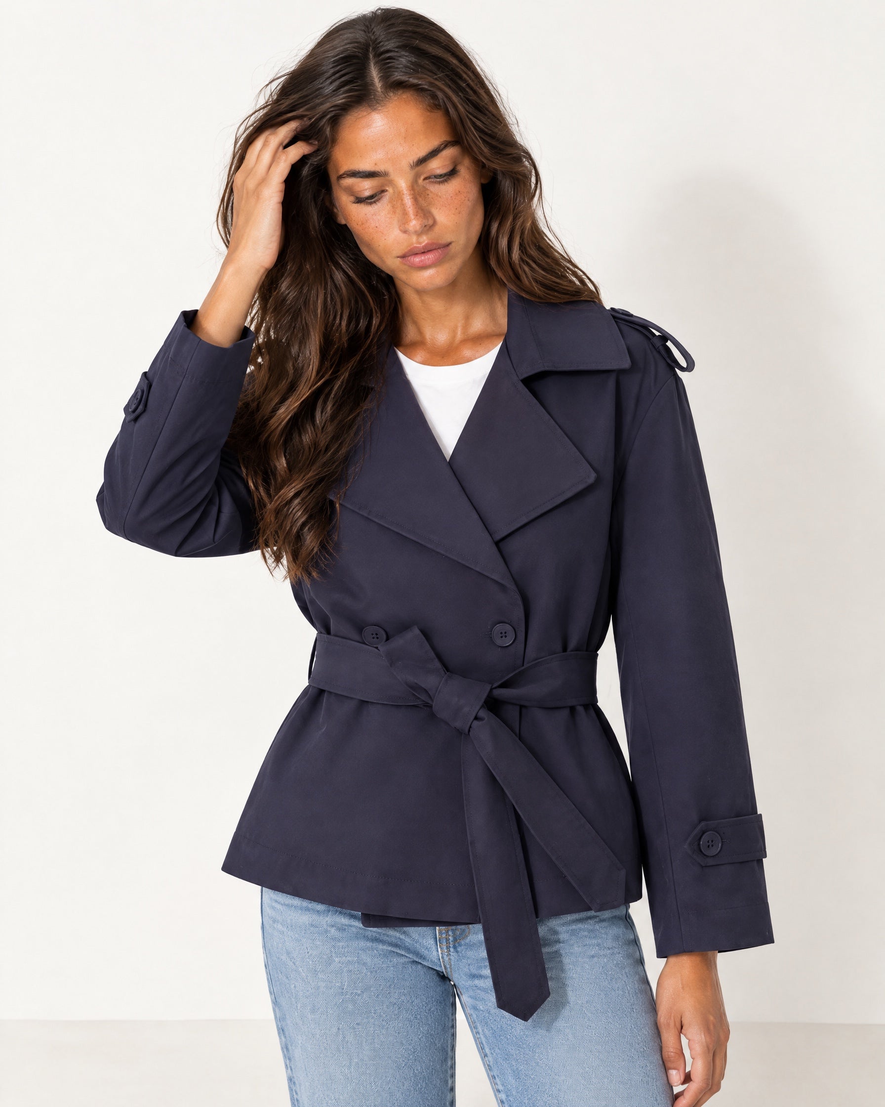 Navy Short Trench Coat Belted Double Breasted