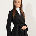 Black Wrap Coat Long Belted Coat with Wide Notch Lapels and Tie Waist