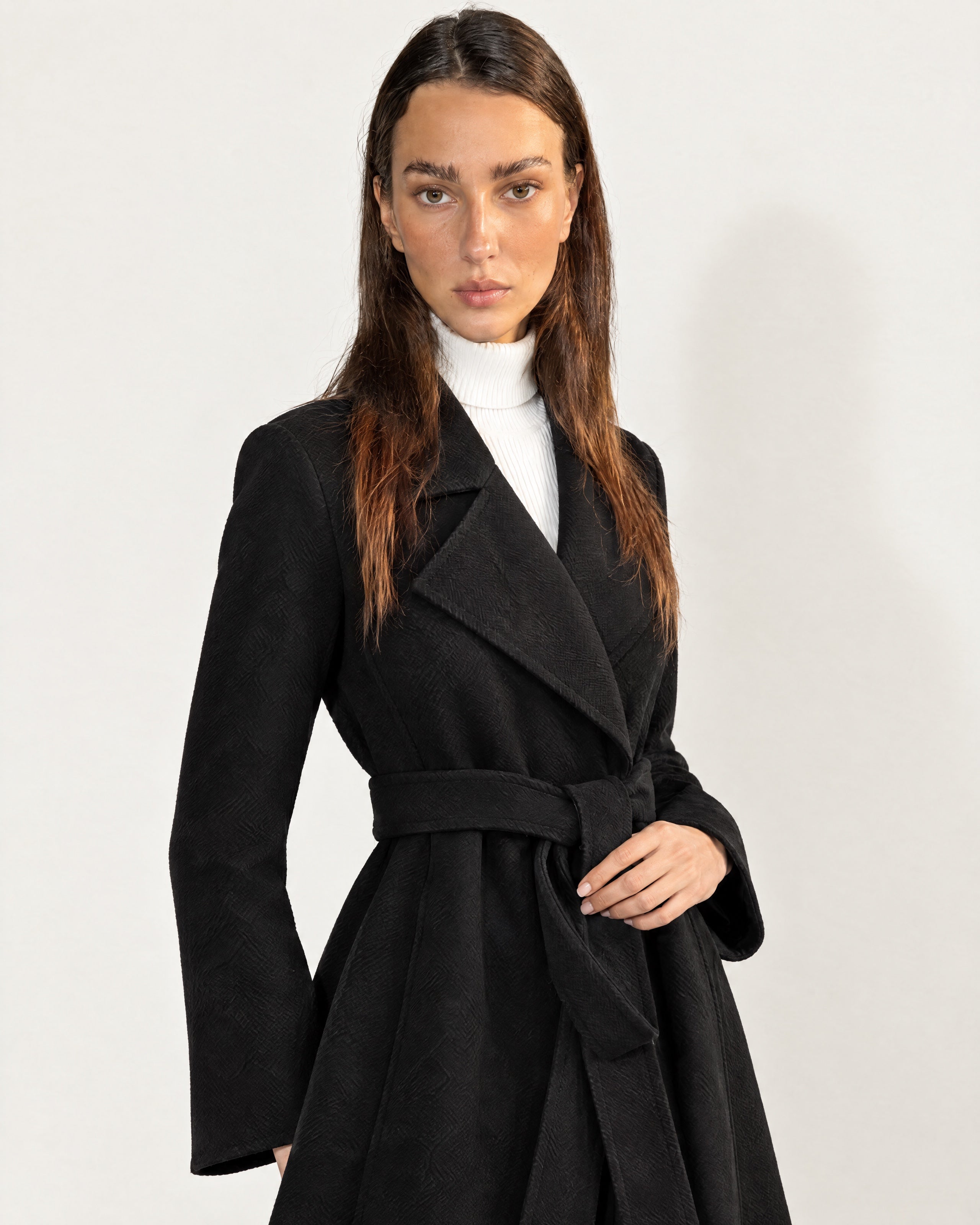 Black Wrap Coat Long Belted Coat with Wide Notch Lapels and Tie Waist