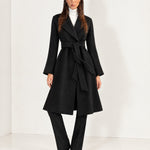 Black Wrap Coat Long Belted Coat with Wide Notch Lapels and Tie Waist