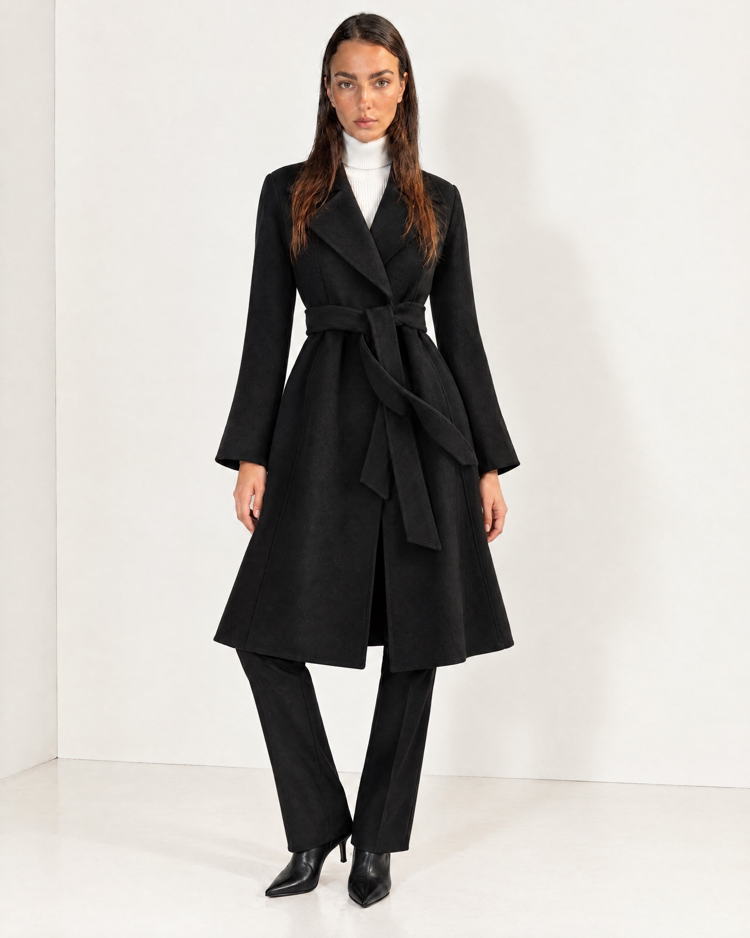 Black Wrap Coat Long Belted Coat with Wide Notch Lapels and Tie Waist