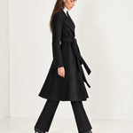 Black Wrap Coat Long Belted Coat with Wide Notch Lapels and Tie Waist