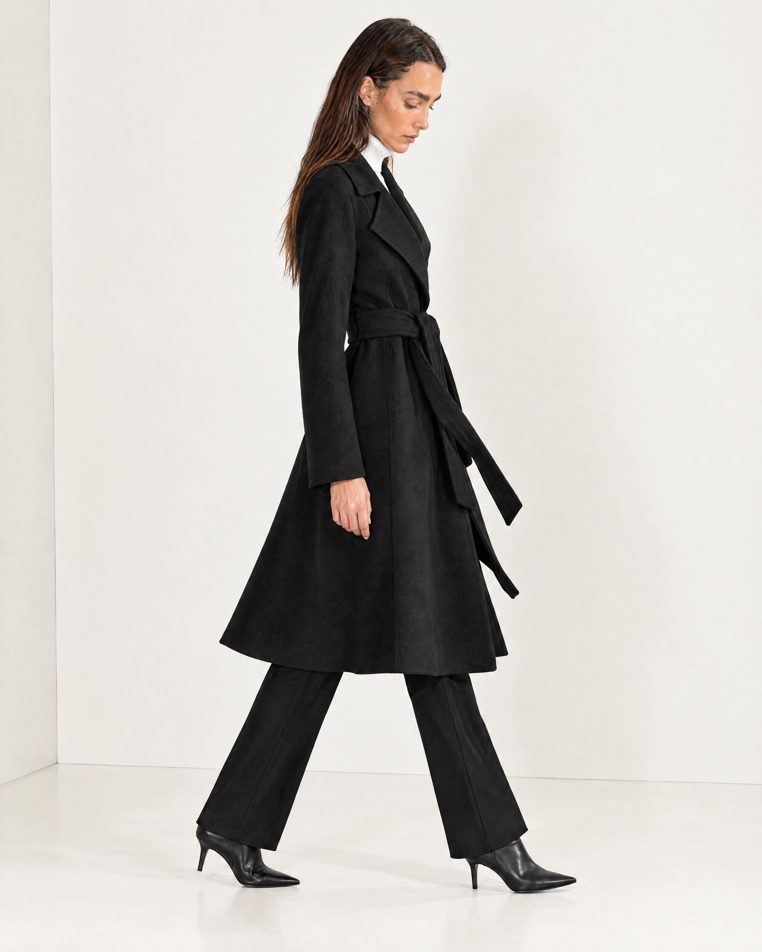 Black Wrap Coat Long Belted Coat with Wide Notch Lapels and Tie Waist