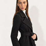 Black Wrap Coat Long Belted Coat with Wide Notch Lapels and Tie Waist