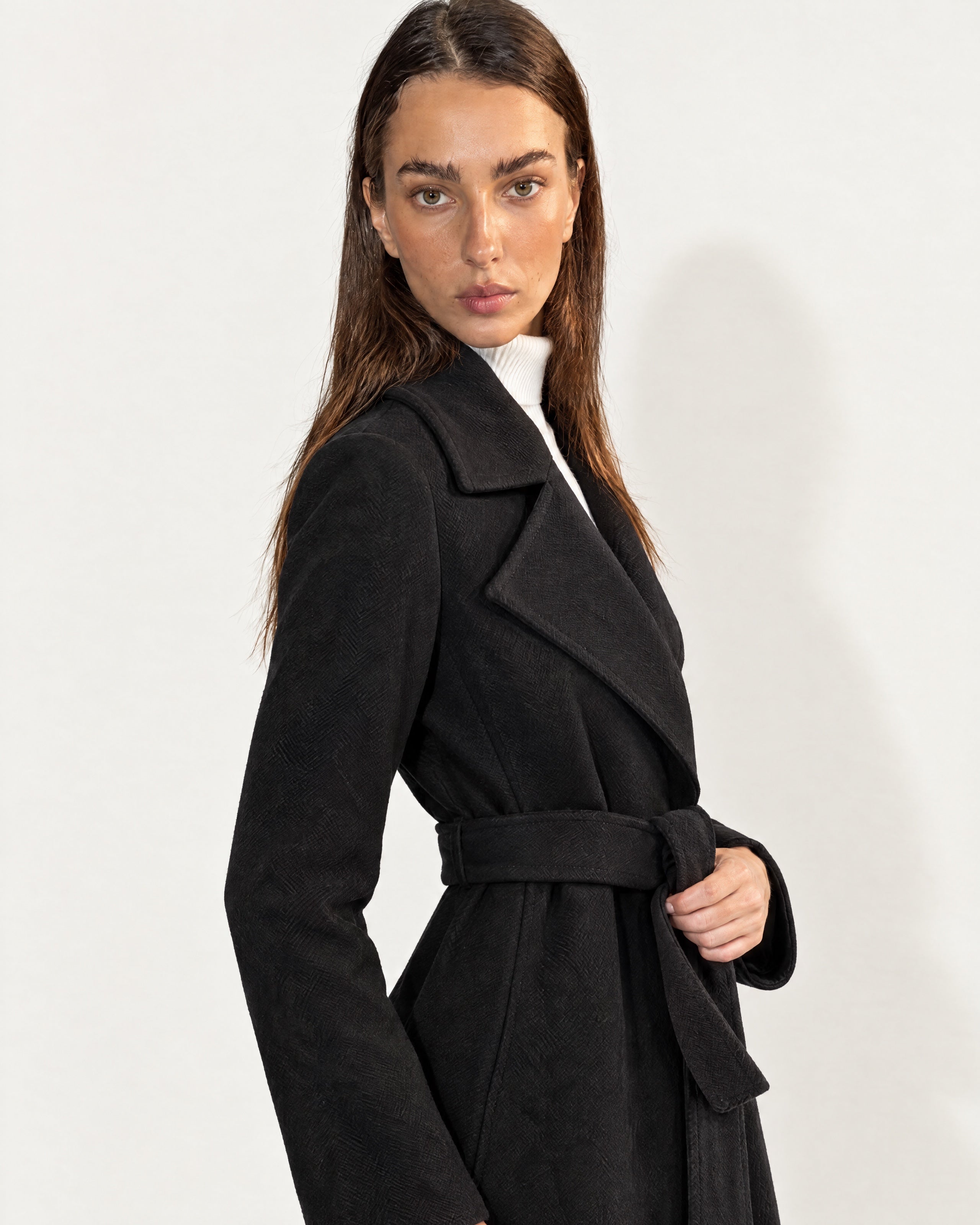 Black Wrap Coat Long Belted Coat with Wide Notch Lapels and Tie Waist