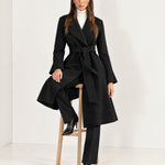 Black Wrap Coat Long Belted Coat with Wide Notch Lapels and Tie Waist