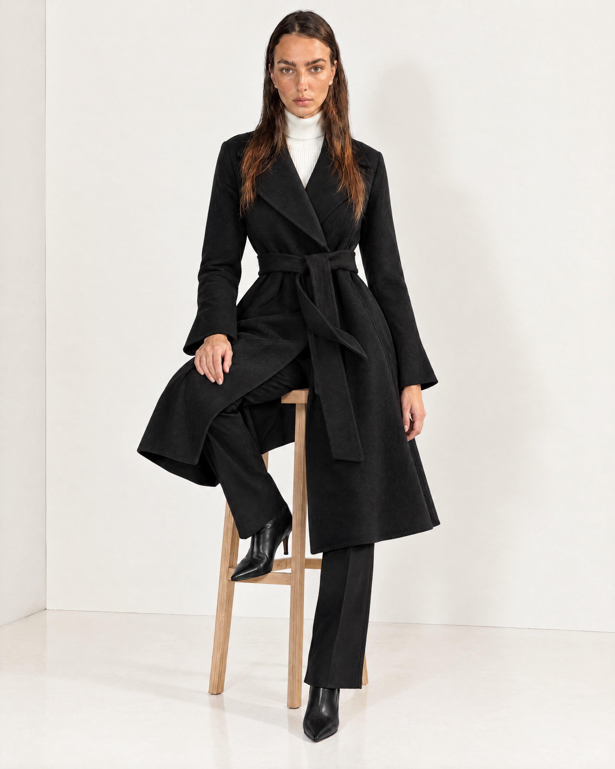 Black Wrap Coat Long Belted Coat with Wide Notch Lapels and Tie Waist