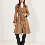 Camel Wrap Coat Long Belted Coat with Wide Notch Lapels and Tie Waist