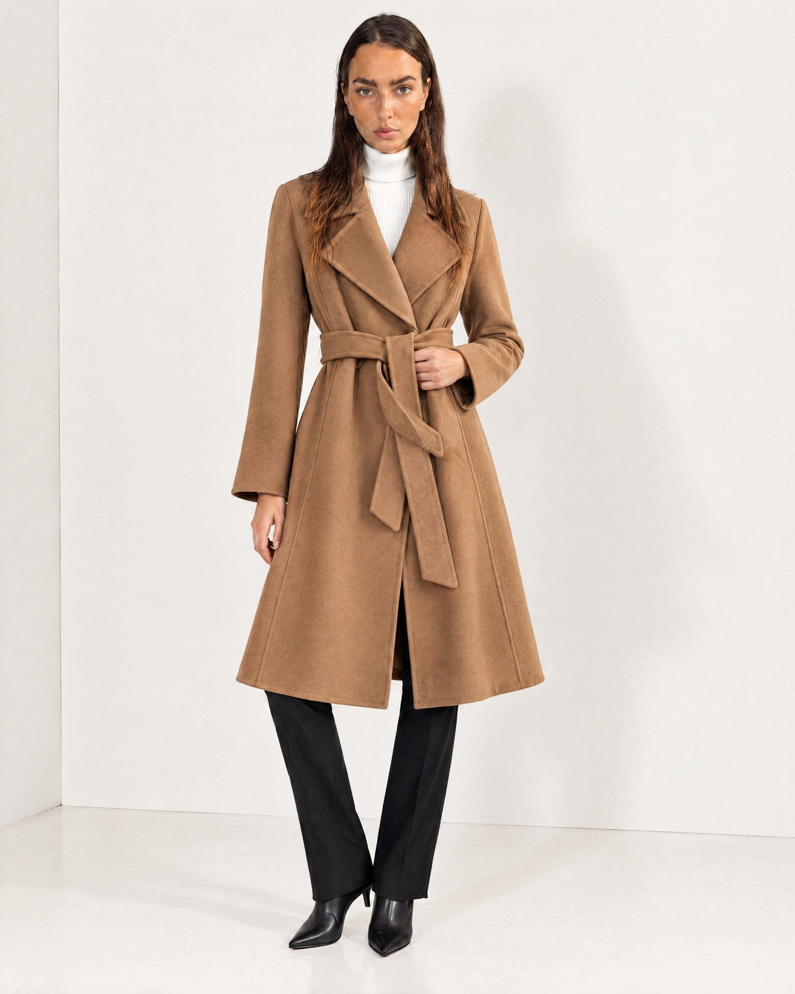 Camel Wrap Coat Long Belted Coat with Wide Notch Lapels and Tie Waist