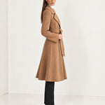 Camel Wrap Coat Long Belted Coat with Wide Notch Lapels and Tie Waist