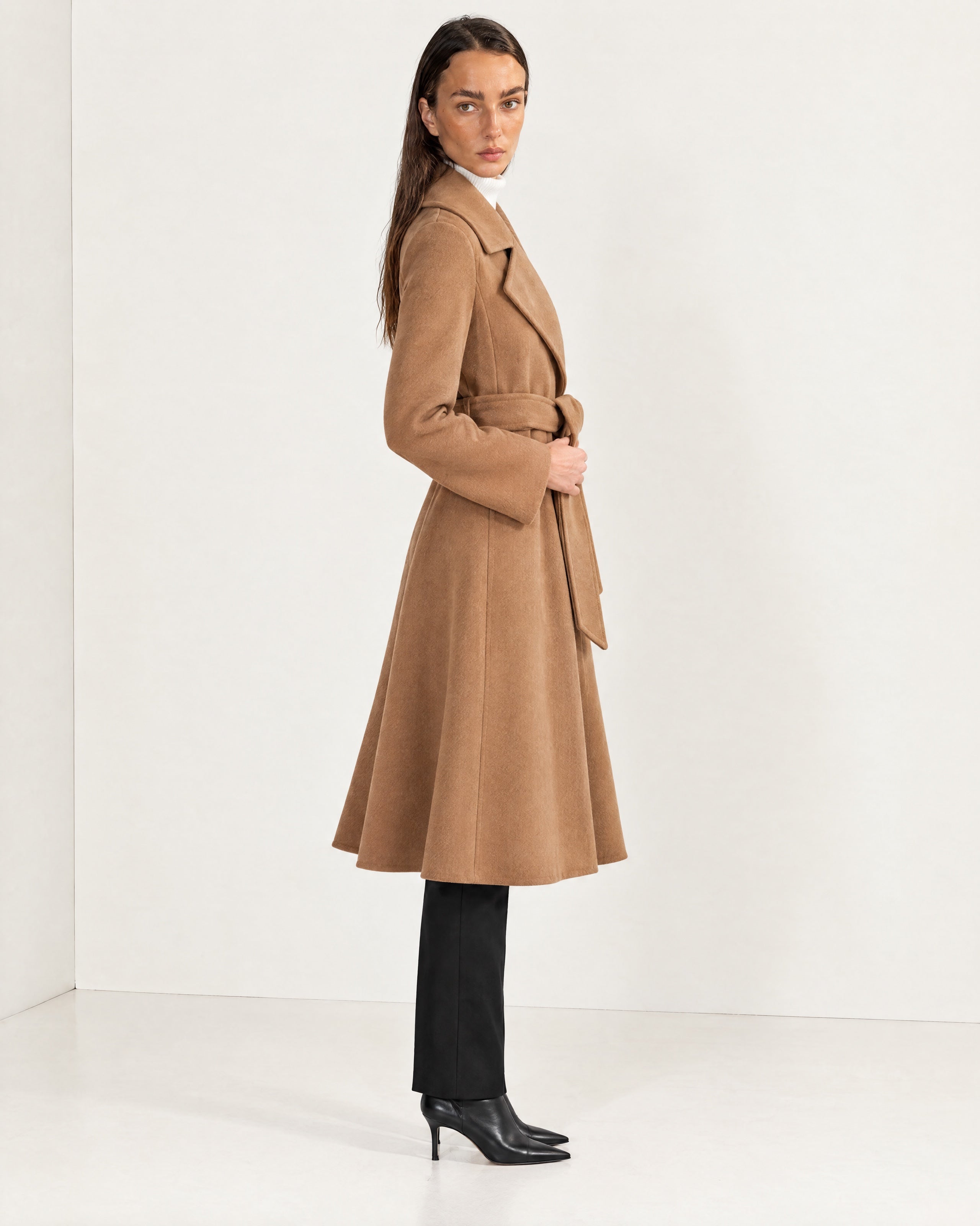 Camel Wrap Coat Long Belted Coat with Wide Notch Lapels and Tie Waist