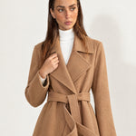 Camel Wrap Coat Long Belted Coat with Wide Notch Lapels and Tie Waist