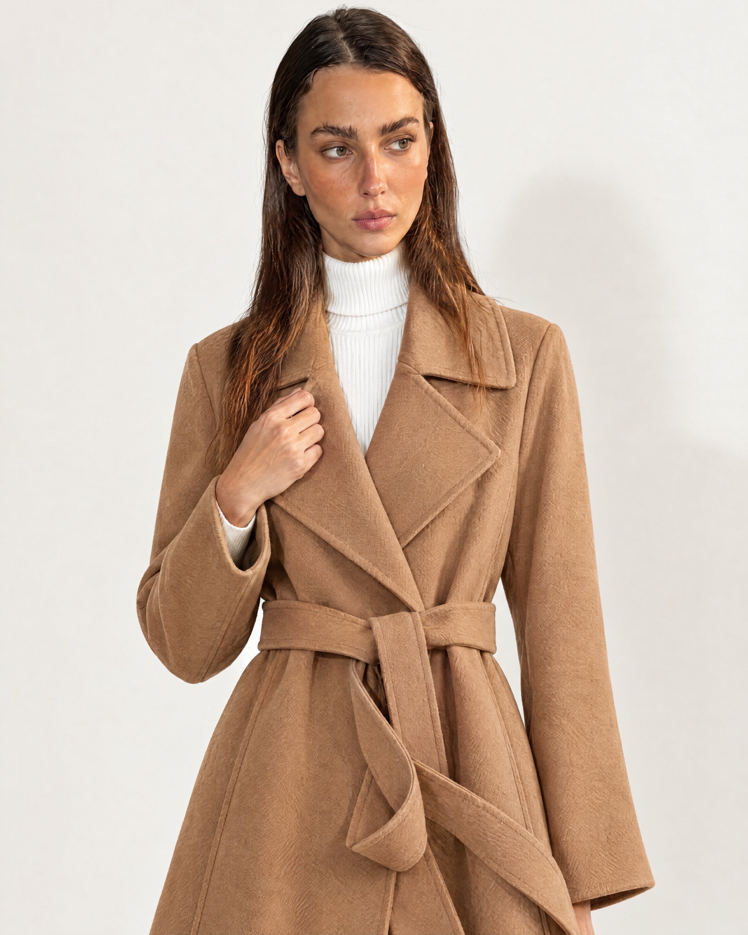 Camel Wrap Coat Long Belted Coat with Wide Notch Lapels and Tie Waist