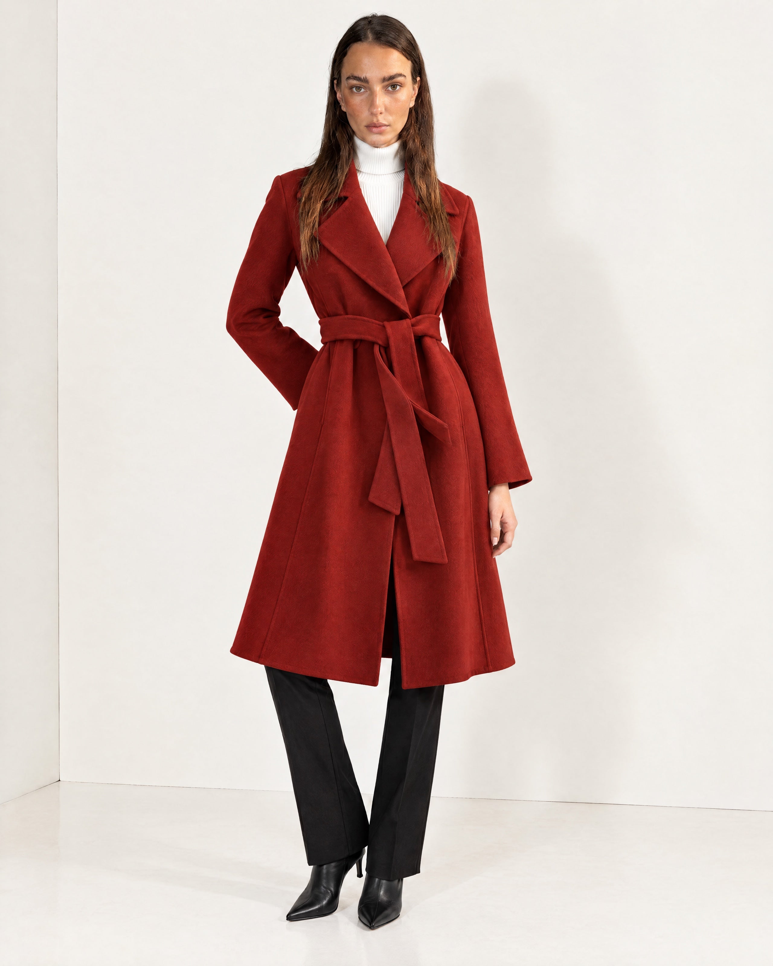 Red Wrap Coat Long Belted Coat with Wide Notch Lapels and Tie Waist
