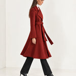 Red Wrap Coat Long Belted Coat with Wide Notch Lapels and Tie Waist