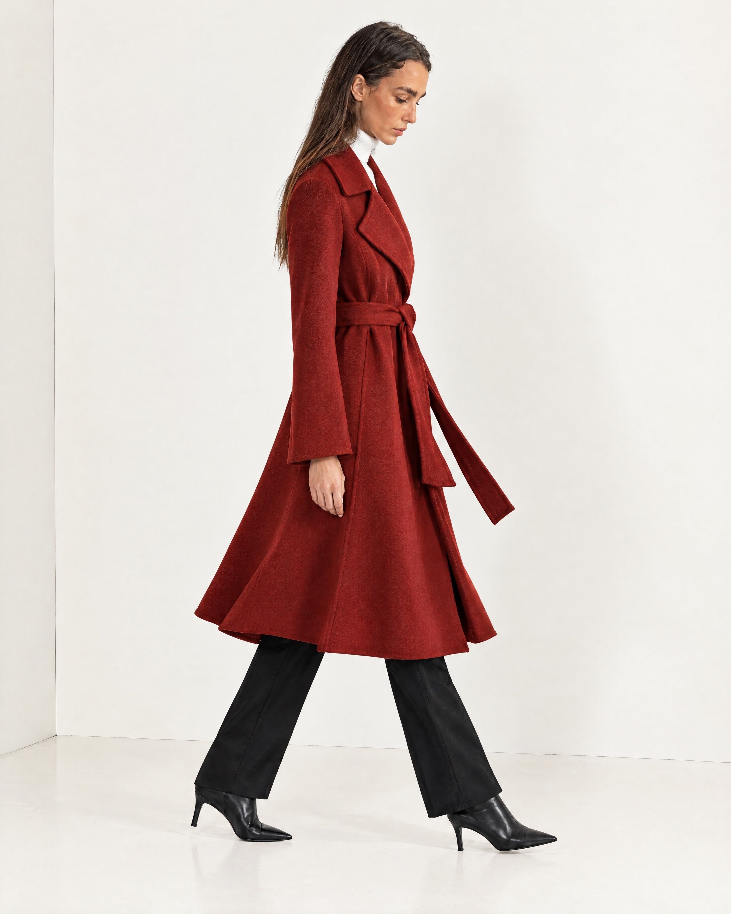 Red Wrap Coat Long Belted Coat with Wide Notch Lapels and Tie Waist