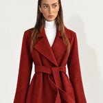 Red Wrap Coat Long Belted Coat with Wide Notch Lapels and Tie Waist