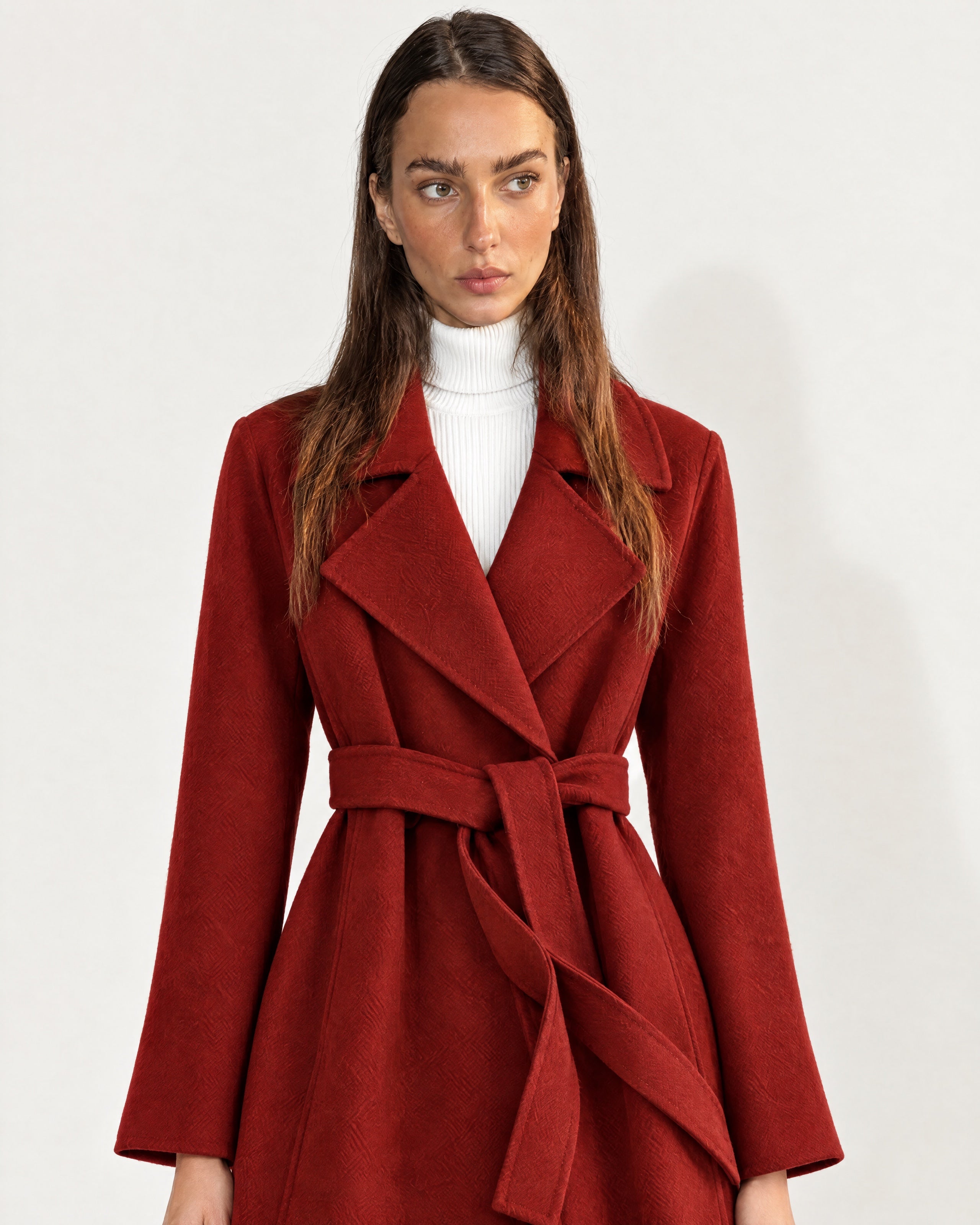 Red Wrap Coat Long Belted Coat with Wide Notch Lapels and Tie Waist