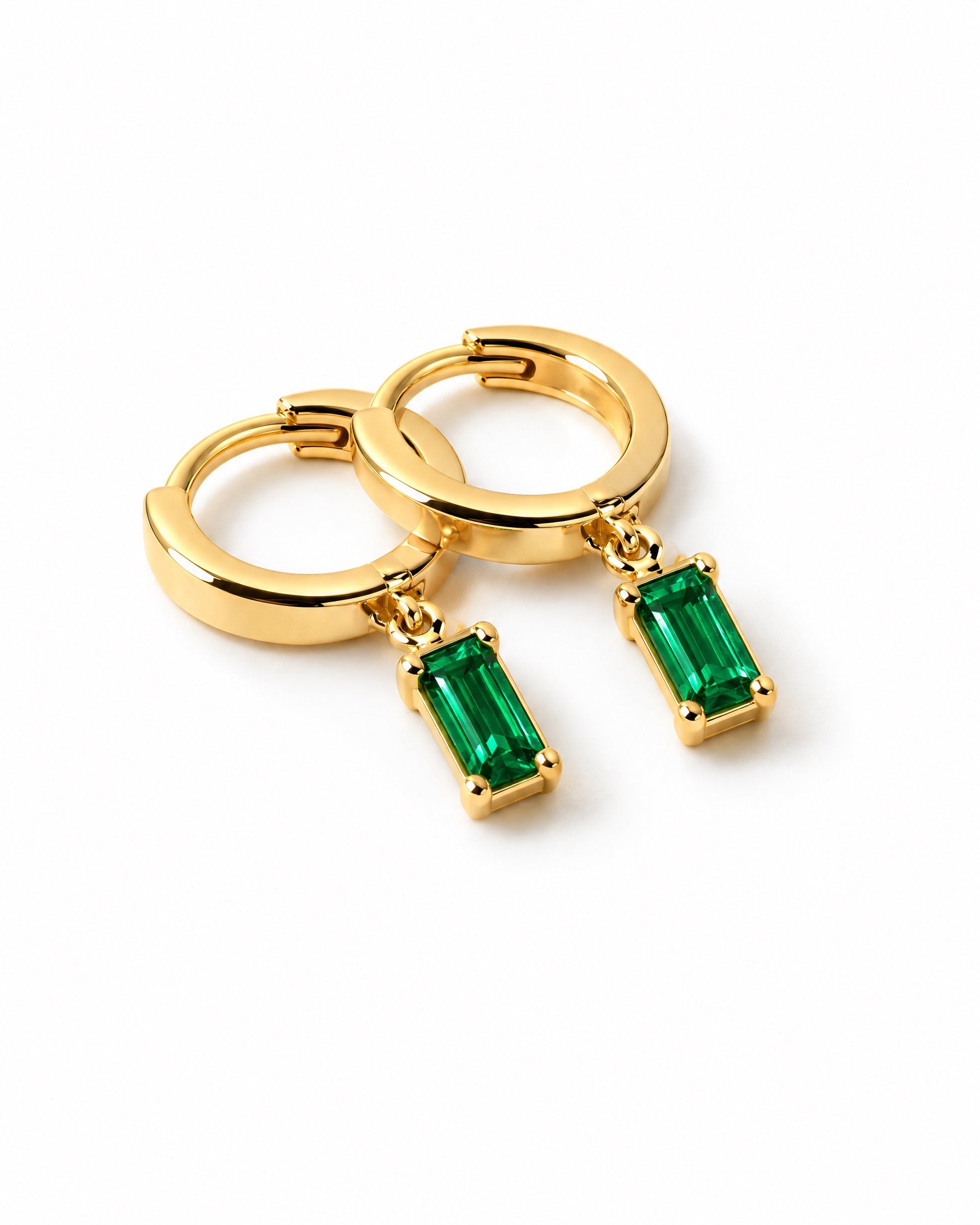 Green Stone Earrings Gold Tone Huggie Hoops