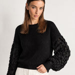 Black Bobble Knit Jumper Relaxed Crew Neck Sweater with Textured Sleeves