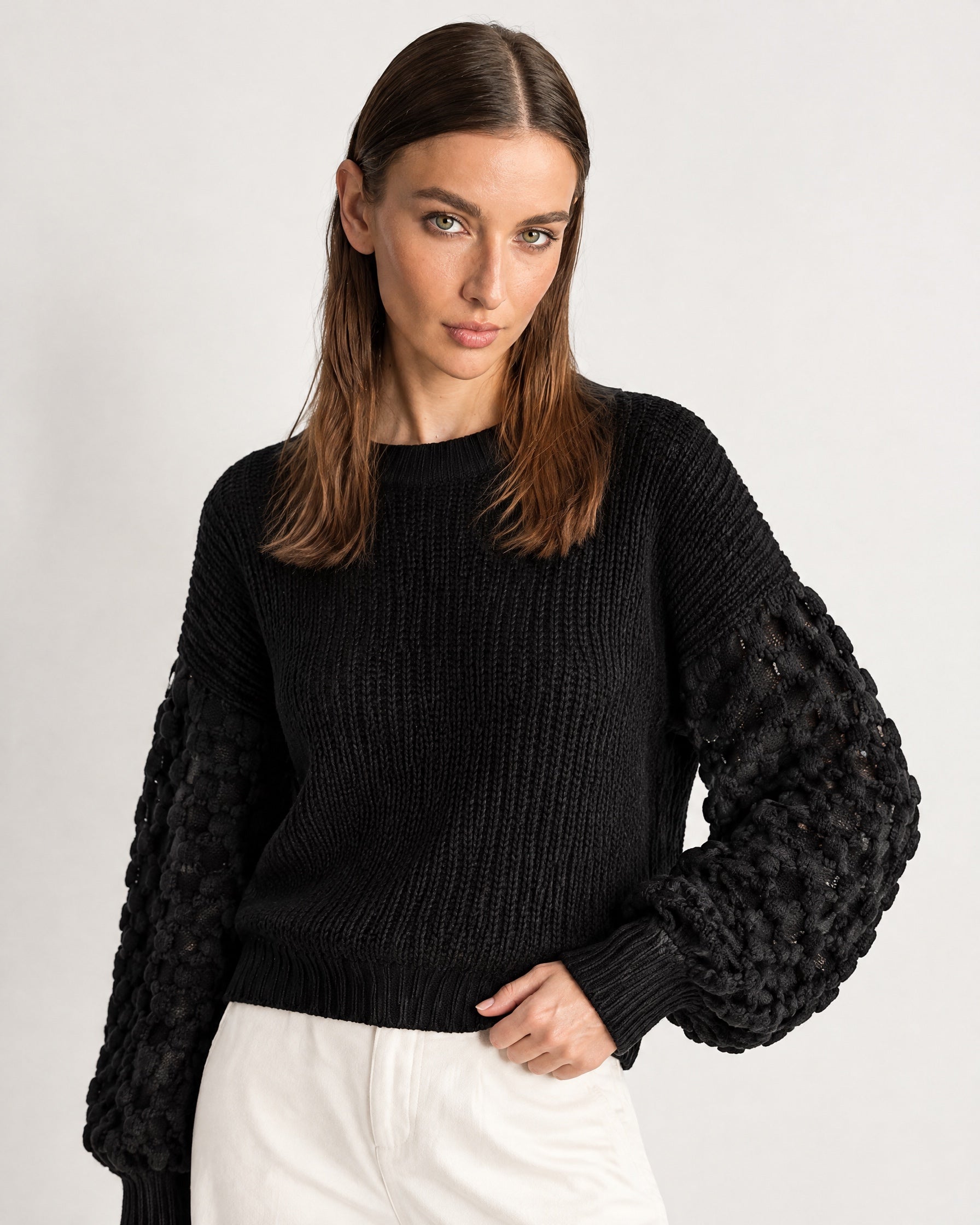 Black Bobble Knit Jumper Relaxed Crew Neck Sweater with Textured Sleeves