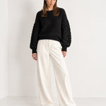 Black Bobble Knit Jumper Relaxed Crew Neck Sweater with Textured Sleeves