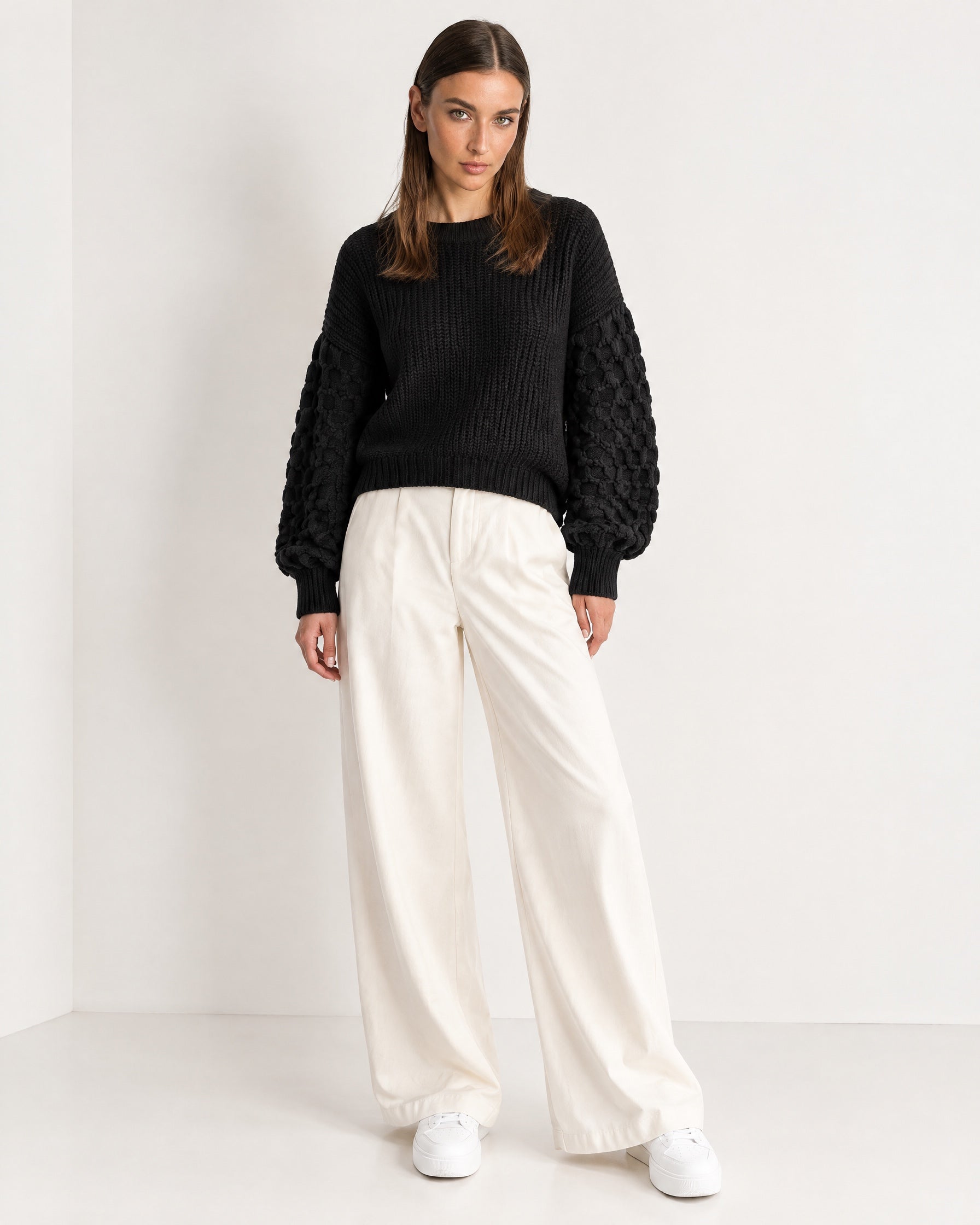 Black Bobble Knit Jumper Relaxed Crew Neck Sweater with Textured Sleeves