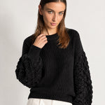 Black Bobble Knit Jumper Relaxed Crew Neck Sweater with Textured Sleeves