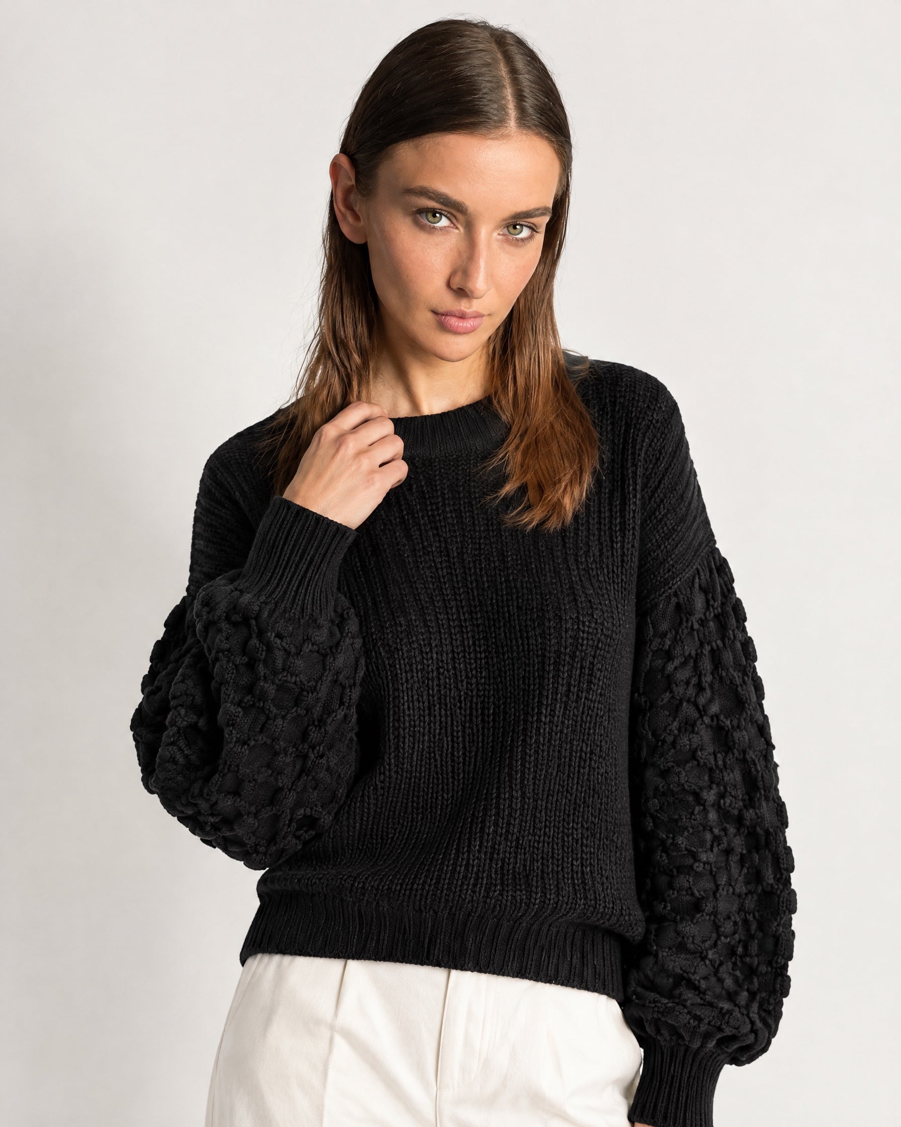Black Bobble Knit Jumper Relaxed Crew Neck Sweater with Textured Sleeves