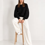 Black Bobble Knit Jumper Relaxed Crew Neck Sweater with Textured Sleeves