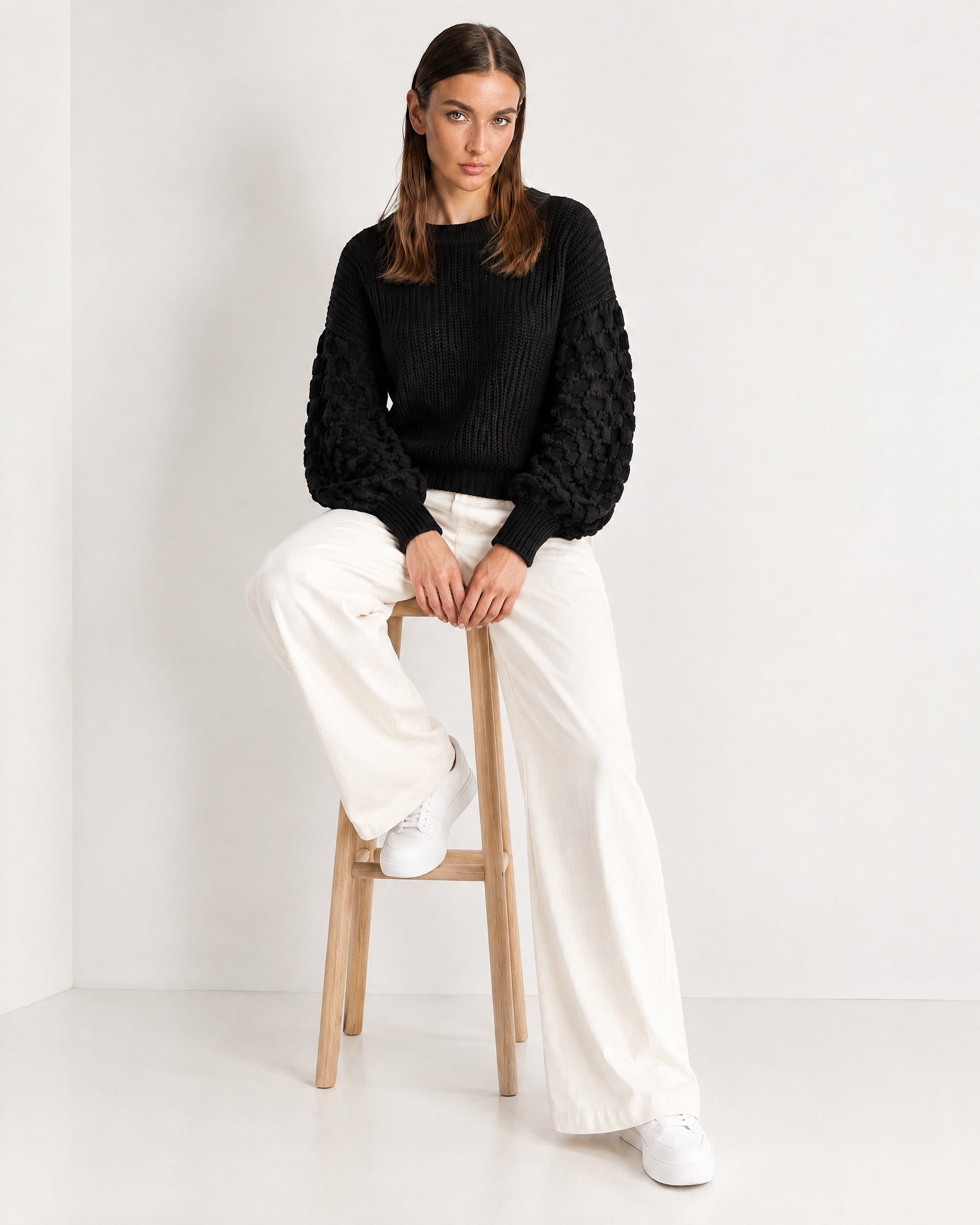 Black Bobble Knit Jumper Relaxed Crew Neck Sweater with Textured Sleeves