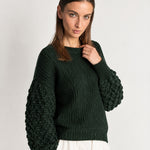 Forest Green Bobble Knit Jumper Relaxed Crew Neck Sweater with Textured Sleeves