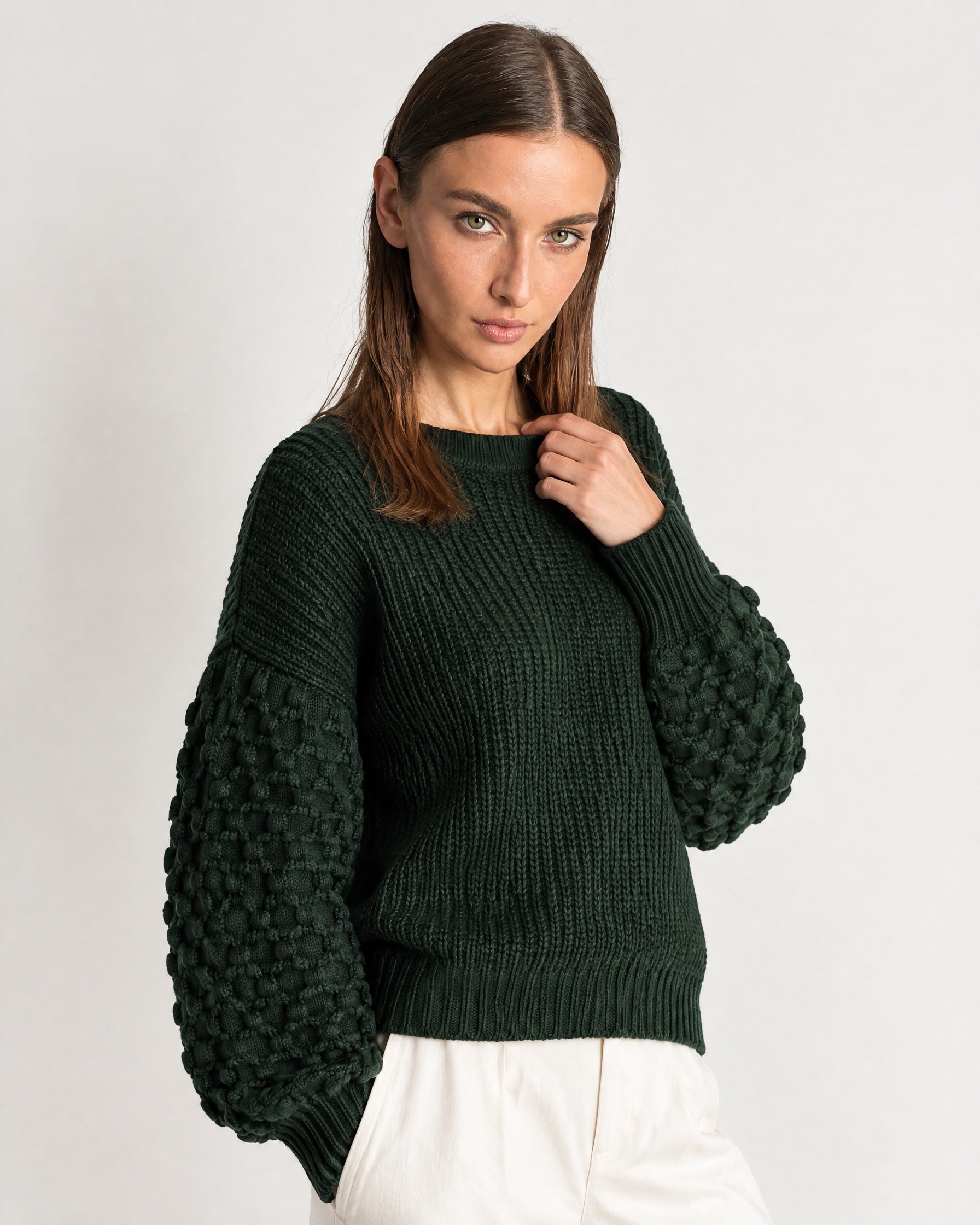Forest Green Bobble Knit Jumper Relaxed Crew Neck Sweater with Textured Sleeves