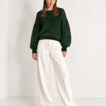 Forest Green Bobble Knit Jumper Relaxed Crew Neck Sweater with Textured Sleeves