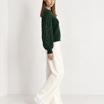 Forest Green Bobble Knit Jumper Relaxed Crew Neck Sweater with Textured Sleeves