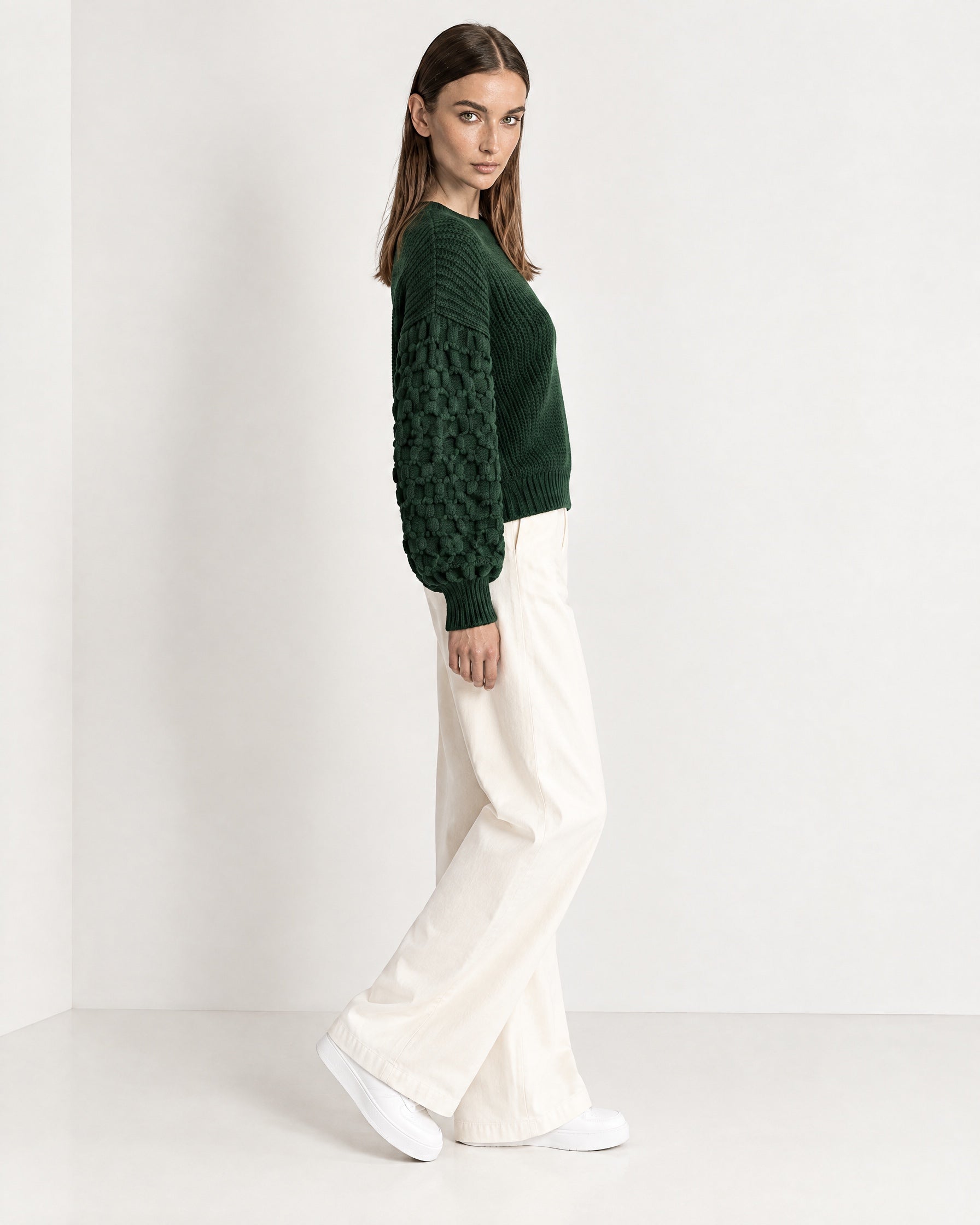 Forest Green Bobble Knit Jumper Relaxed Crew Neck Sweater with Textured Sleeves