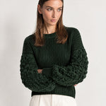 Forest Green Bobble Knit Jumper Relaxed Crew Neck Sweater with Textured Sleeves