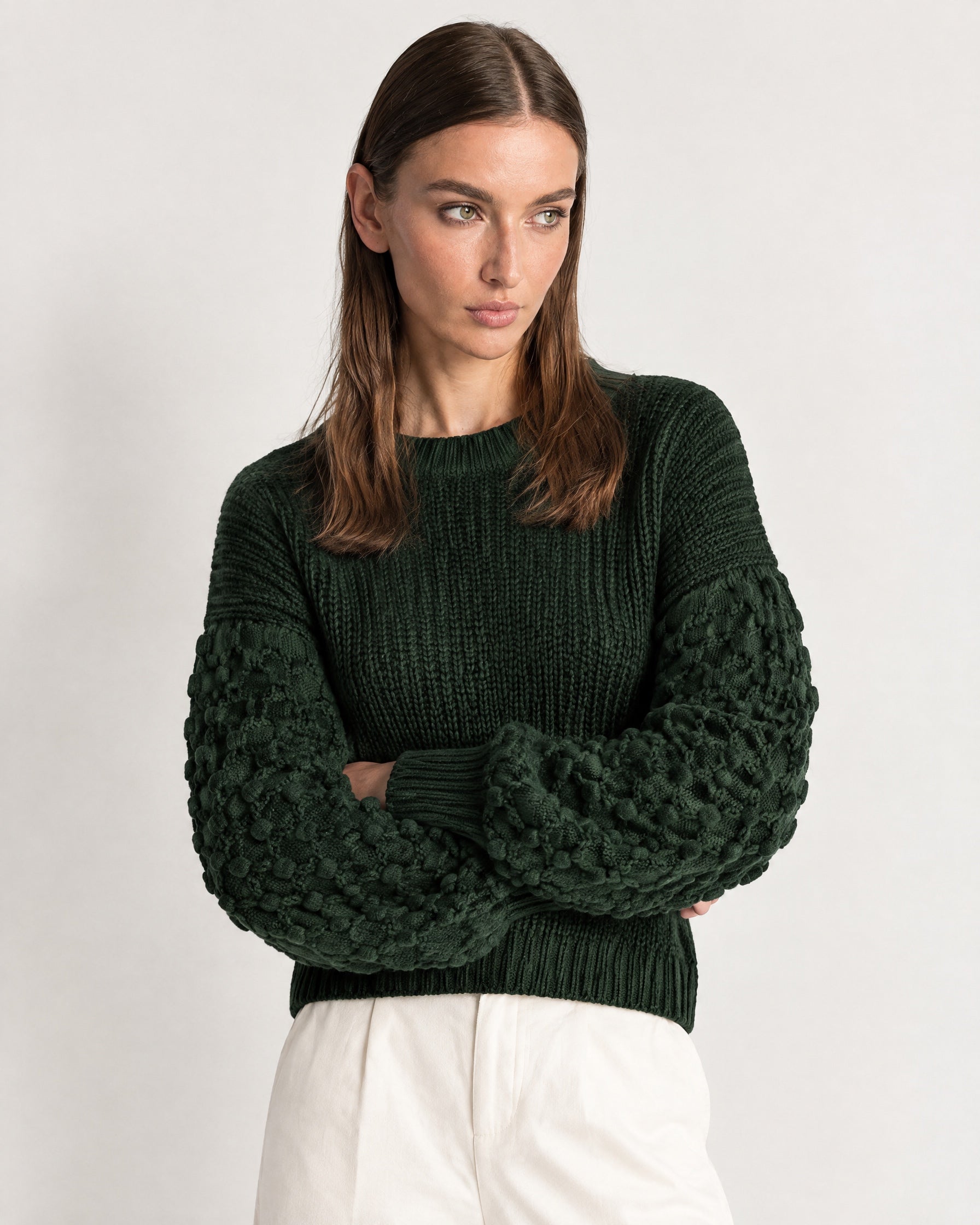 Forest Green Bobble Knit Jumper Relaxed Crew Neck Sweater with Textured Sleeves