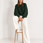 Forest Green Bobble Knit Jumper Relaxed Crew Neck Sweater with Textured Sleeves