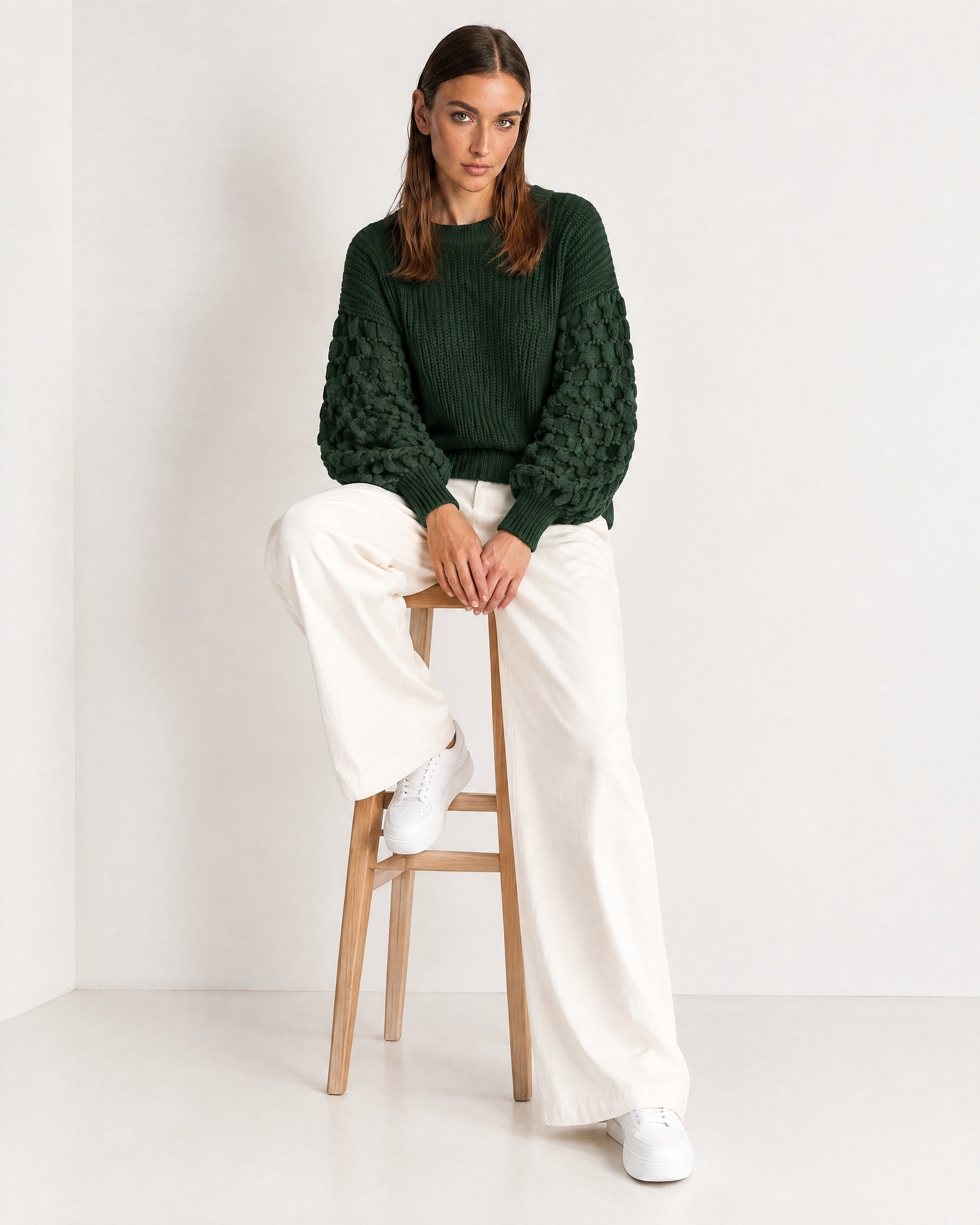 Forest Green Bobble Knit Jumper Relaxed Crew Neck Sweater with Textured Sleeves