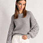 Grey Bobble Knit Jumper Relaxed Crew Neck Sweater with Textured Sleeves