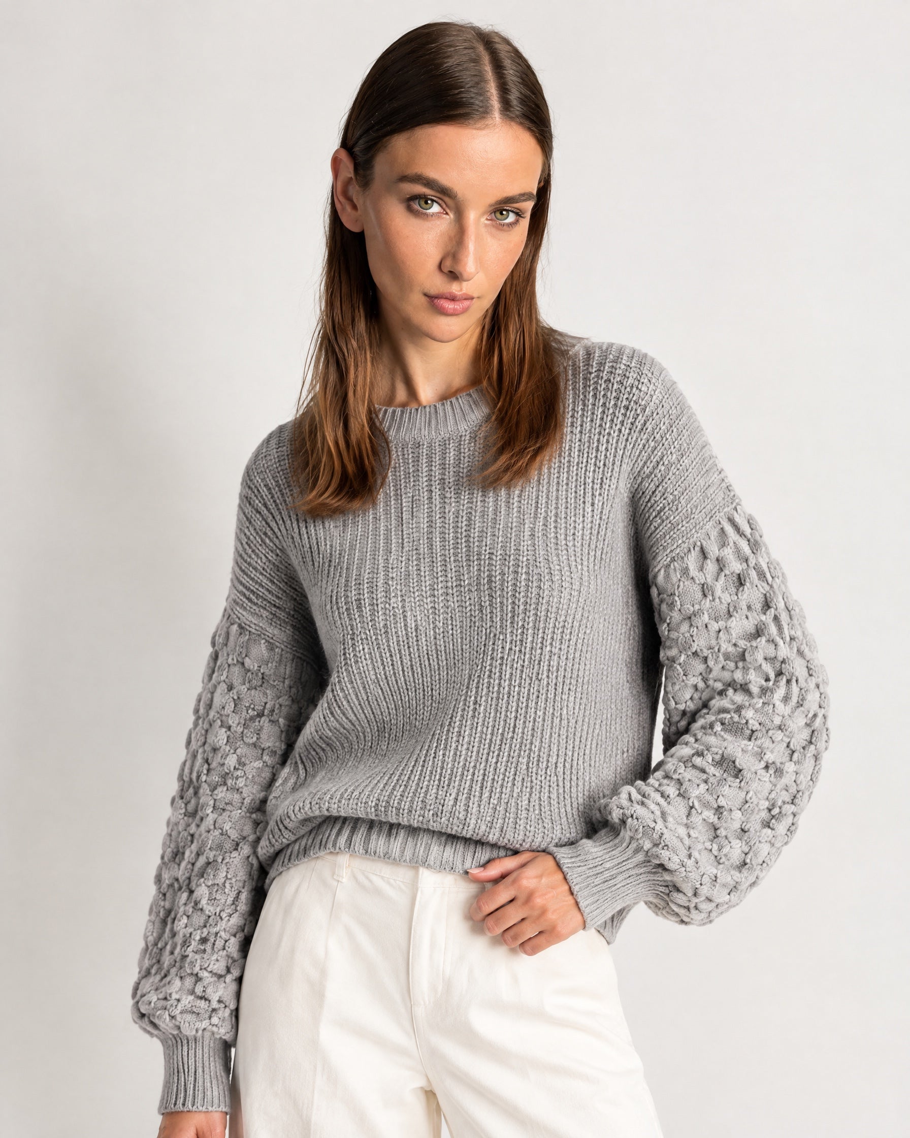 Grey Bobble Knit Jumper Relaxed Crew Neck Sweater with Textured Sleeves