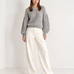 Grey Bobble Knit Jumper Relaxed Crew Neck Sweater with Textured Sleeves
