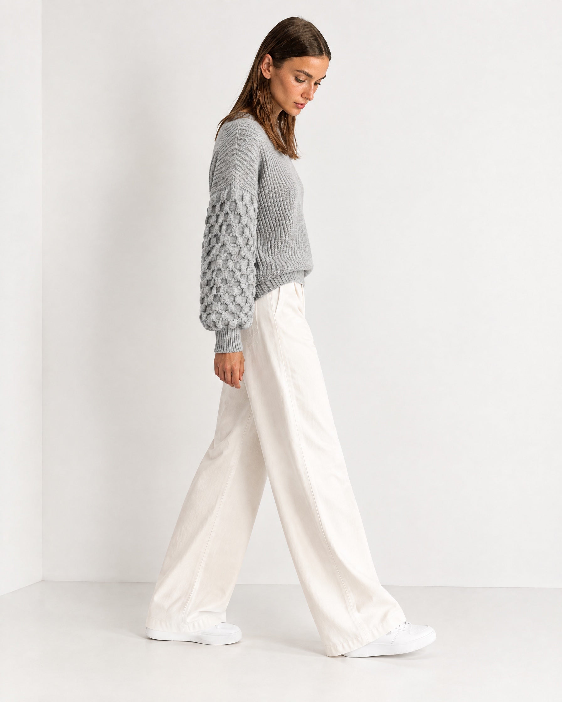 Grey Bobble Knit Jumper Relaxed Crew Neck Sweater with Textured Sleeves