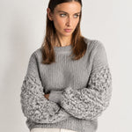 Grey Bobble Knit Jumper Relaxed Crew Neck Sweater with Textured Sleeves