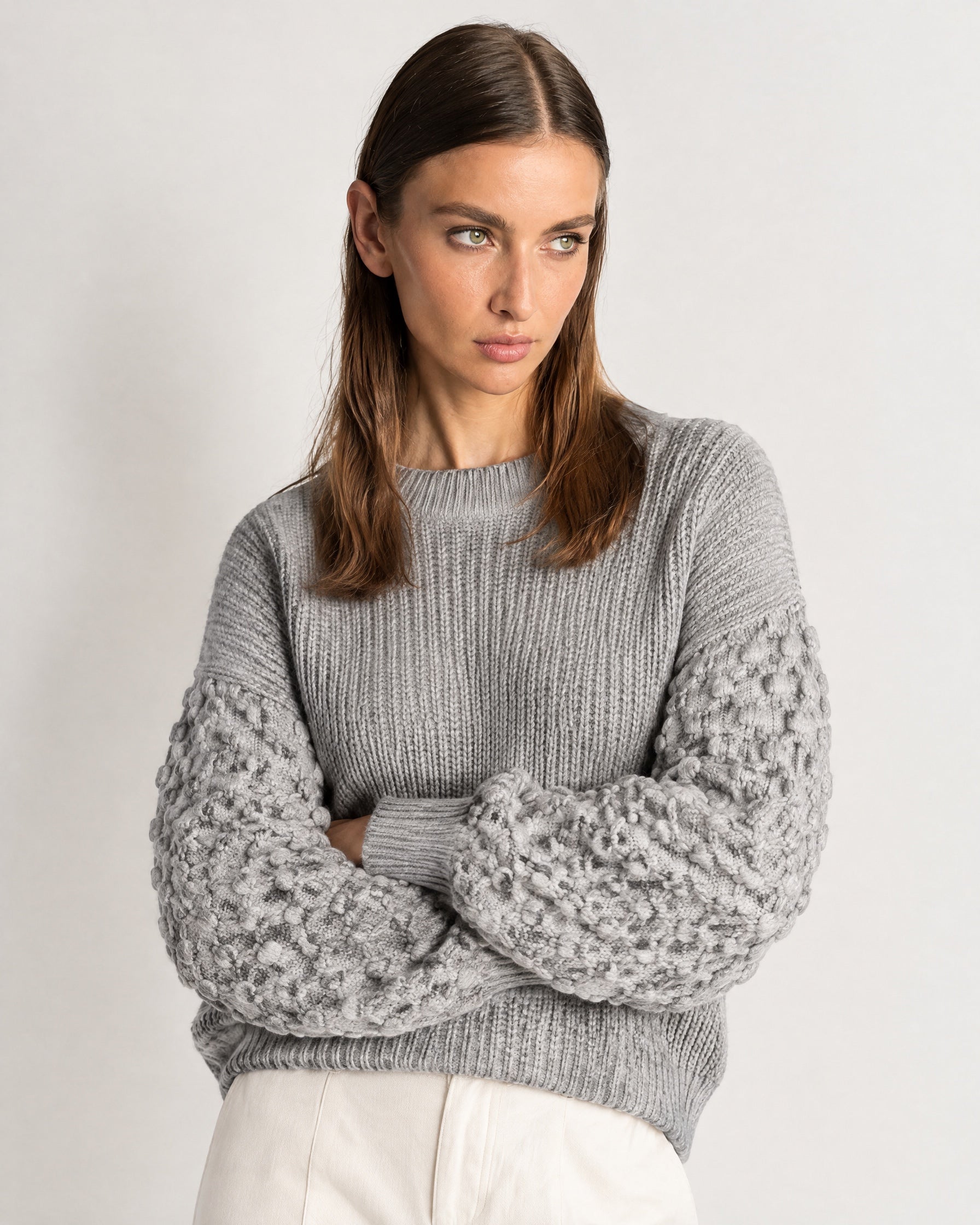 Grey Bobble Knit Jumper Relaxed Crew Neck Sweater with Textured Sleeves