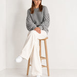 Grey Bobble Knit Jumper Relaxed Crew Neck Sweater with Textured Sleeves