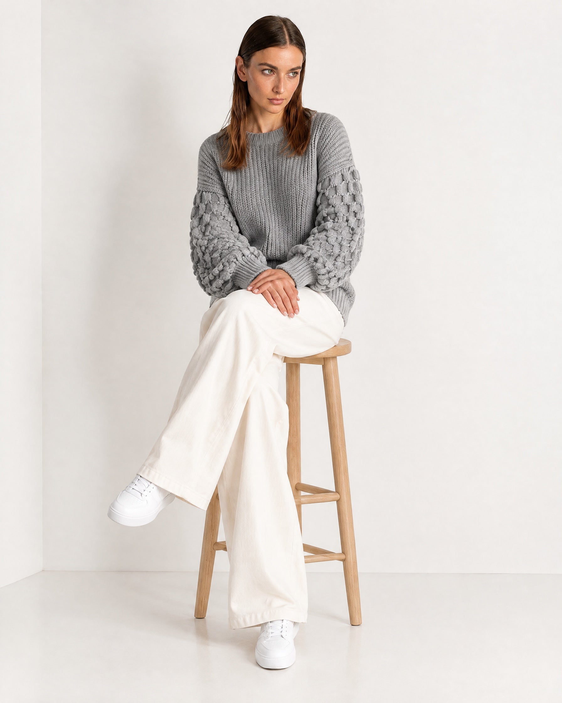 Grey Bobble Knit Jumper Relaxed Crew Neck Sweater with Textured Sleeves